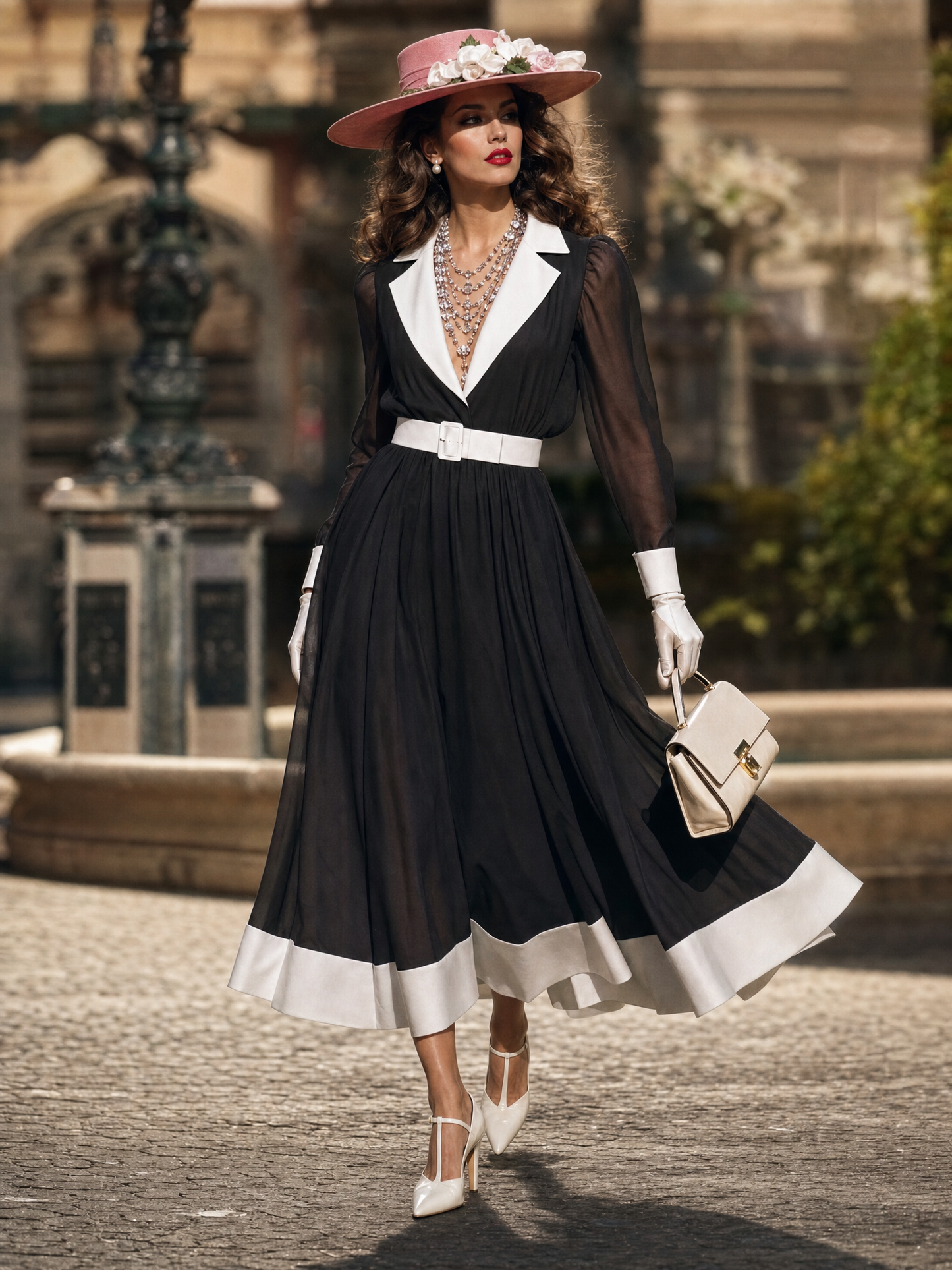 Vintage Hepburn Contrast Collar Dress Waist-Cinched Sheer Chiffon Midi Dress