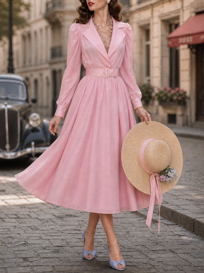 Vintage Pink Lapel-Collar Puff Long-Sleeve Belted Midi Dress