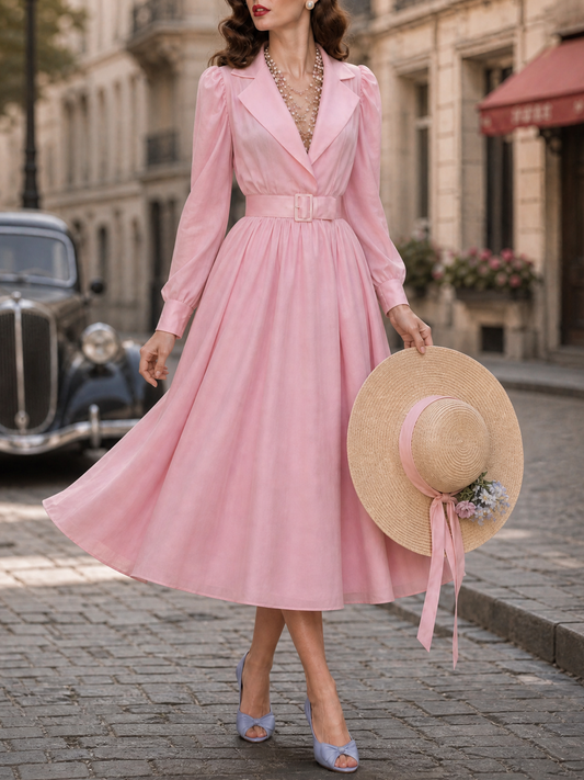 Vintage Pink Lapel-Collar Puff Long-Sleeve Belted Midi Dress