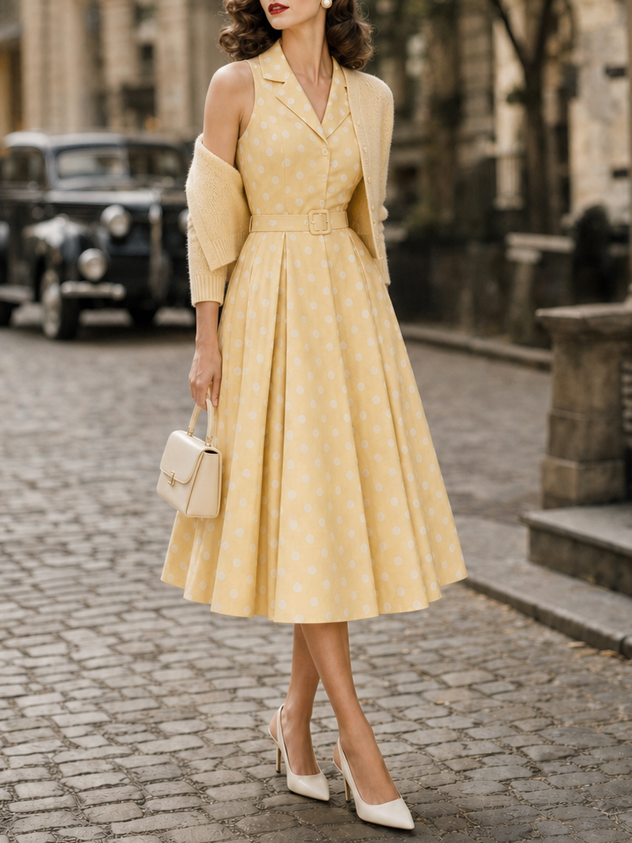 1950s Retro Yellow Dotted Collared Fitted-Waist Swing Midi Dress