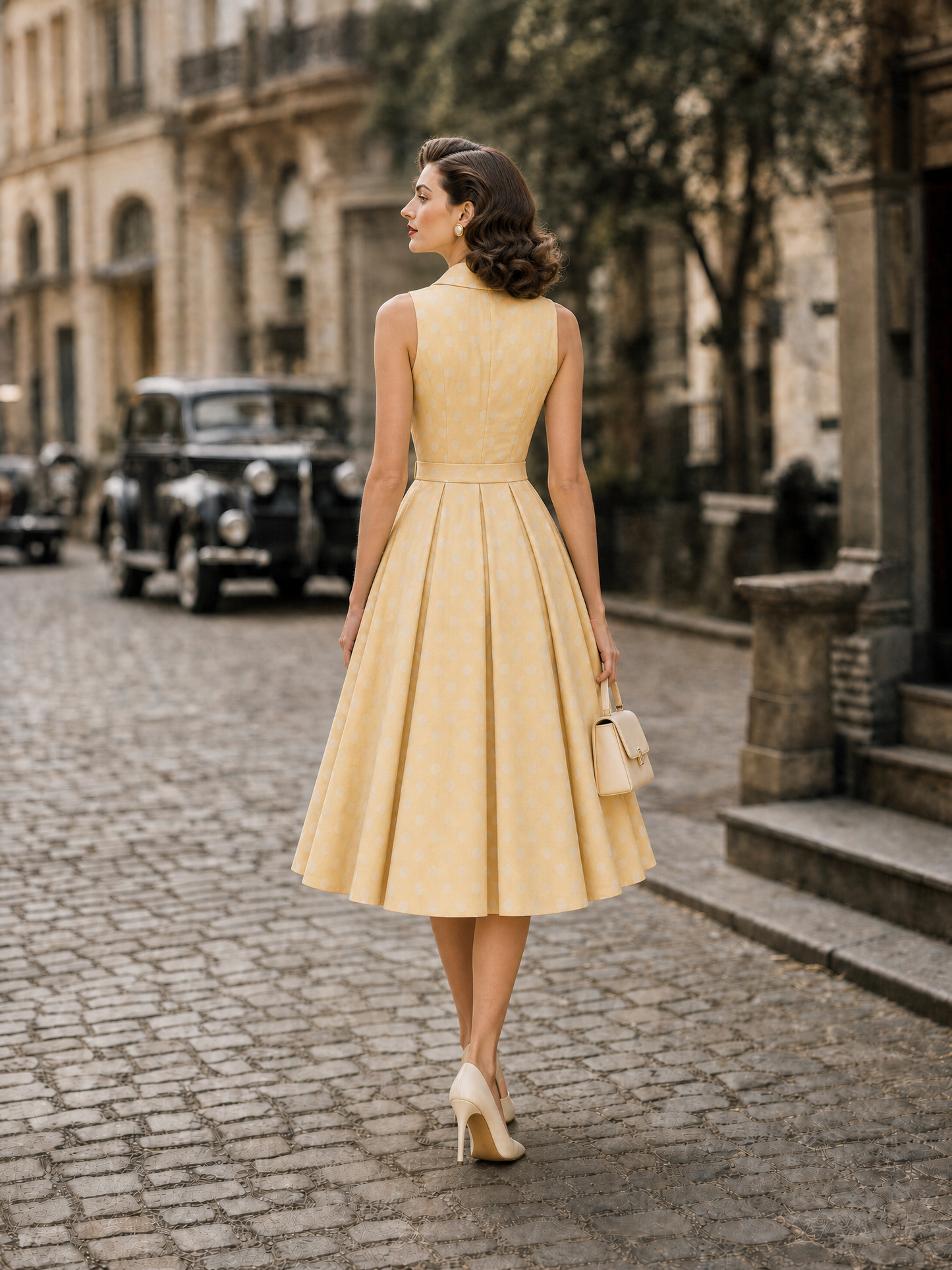 1950s Retro Yellow Dotted Collared Fitted-Waist Swing Midi Dress