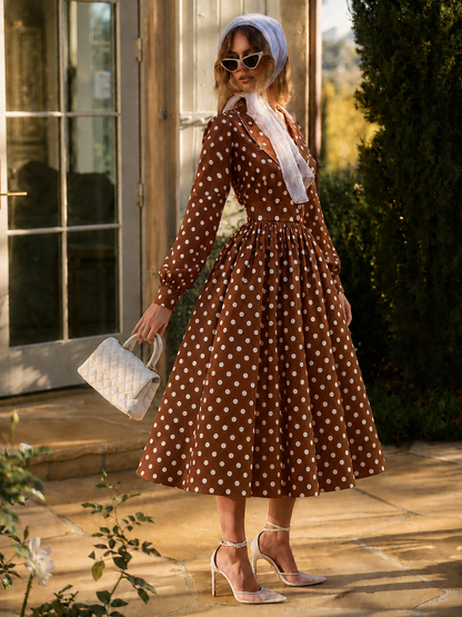 Vintage Polka Dot Print Cross Neck Full Skirt Midi Dress