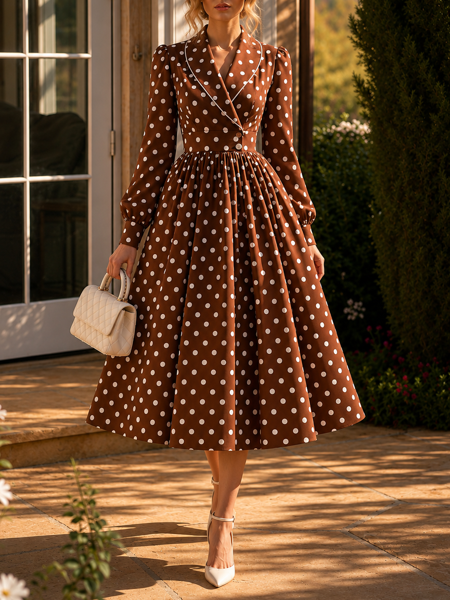 Vintage Polka Dot Print Cross Neck Full Skirt Midi Dress