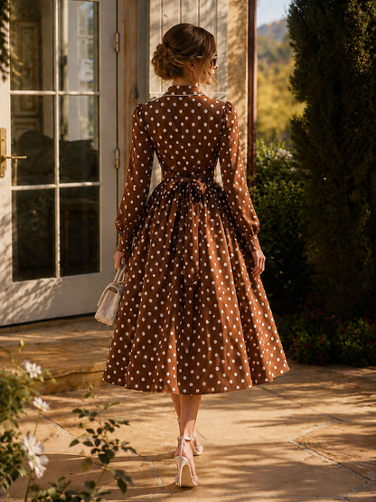 Vintage Polka Dot Print Cross Neck Full Skirt Midi Dress