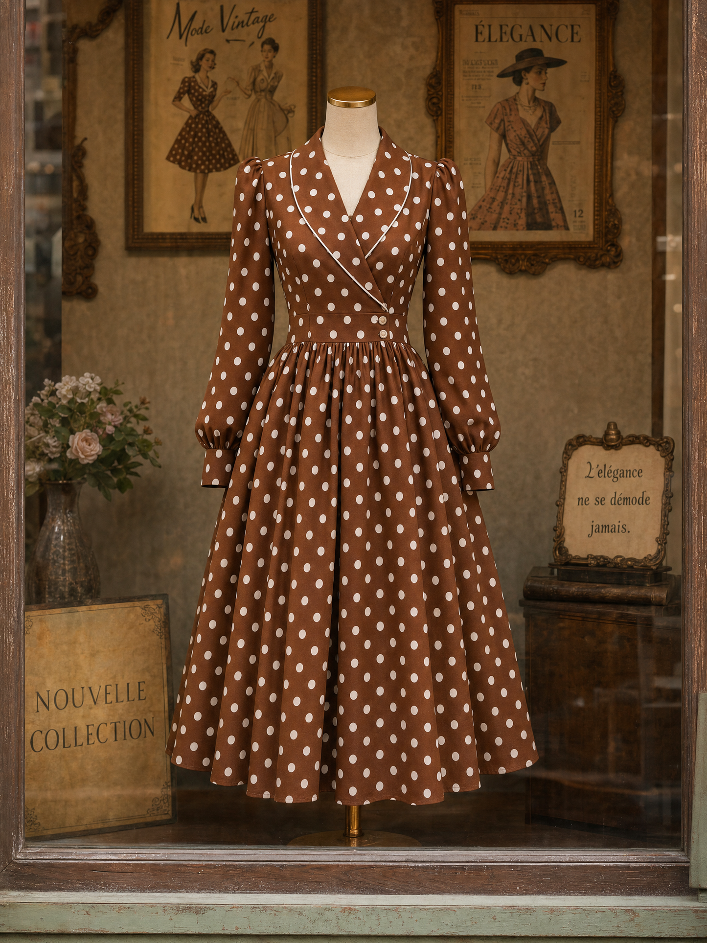 Vintage Polka Dot Print Cross Neck Full Skirt Midi Dress
