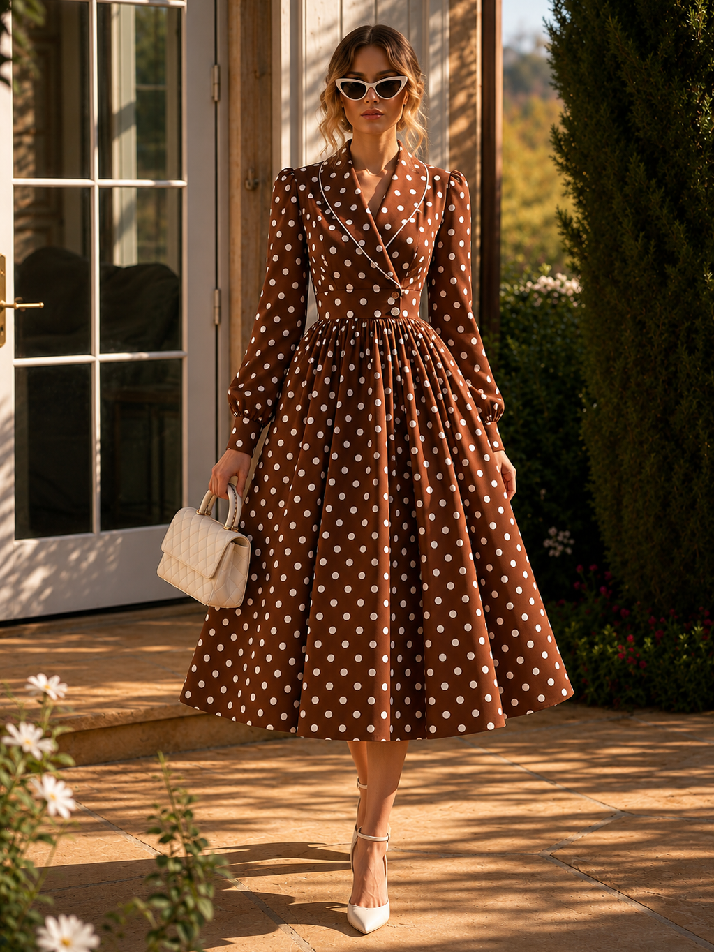 Vintage Polka Dot Print Cross Neck Full Skirt Midi Dress