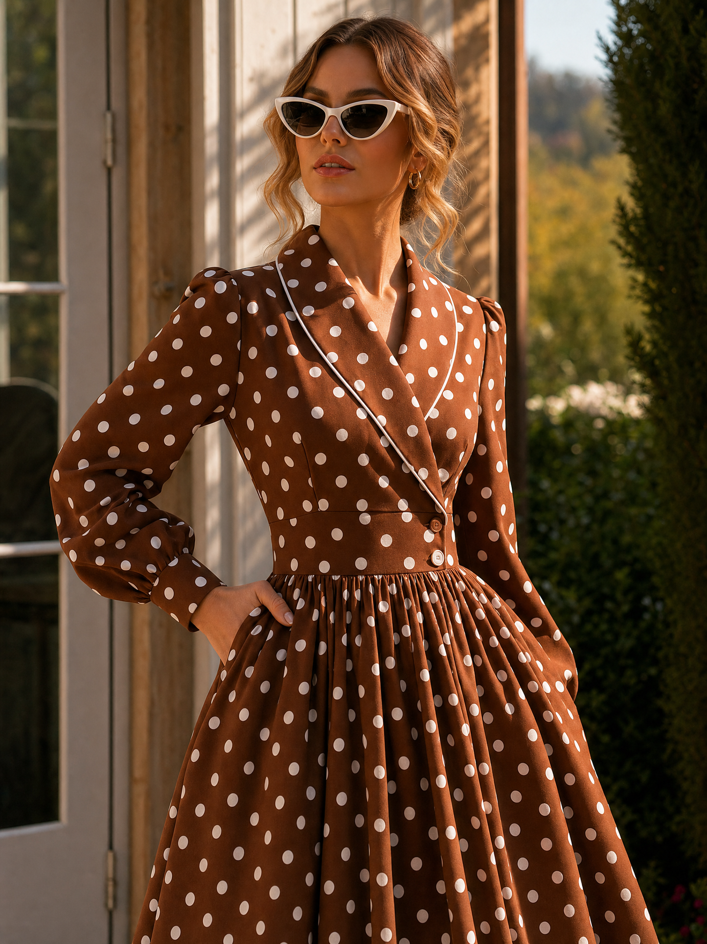 Vintage Polka Dot Print Cross Neck Full Skirt Midi Dress