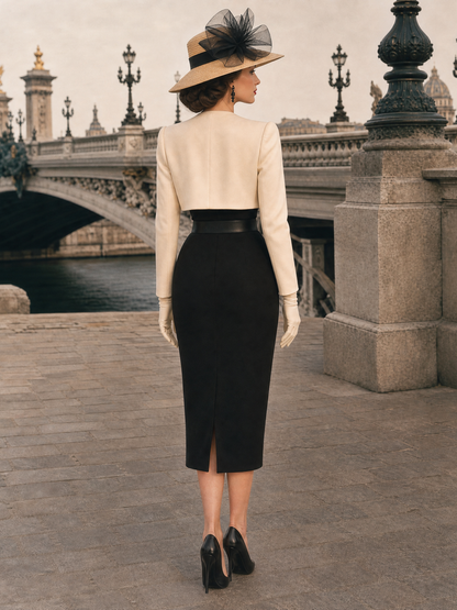 Vintage Square Neck Dress & Blazer Two-Piece Set