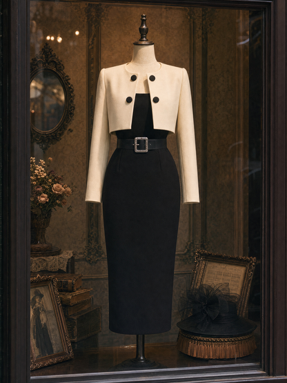 Vintage Square Neck Dress & Blazer Two-Piece Set