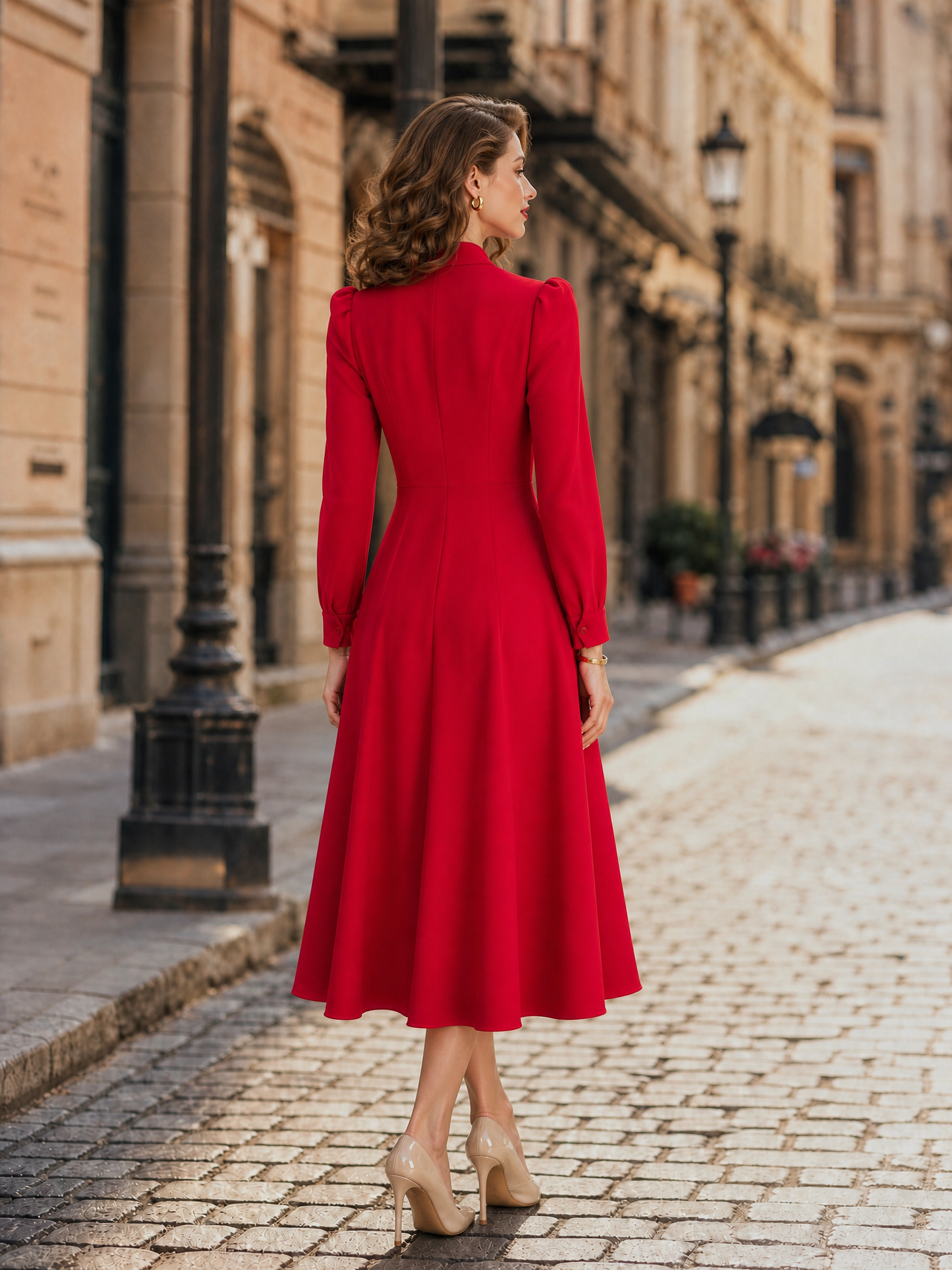 Vintage Elegant Red Pussy-Bow Tie-Neck Long-Sleeve Fit-and-Flare Midi Dress