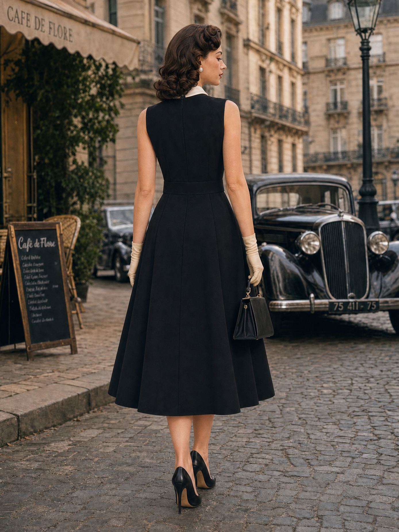 Vintage Lapel Waist-Tapered A-Line Midi Dress