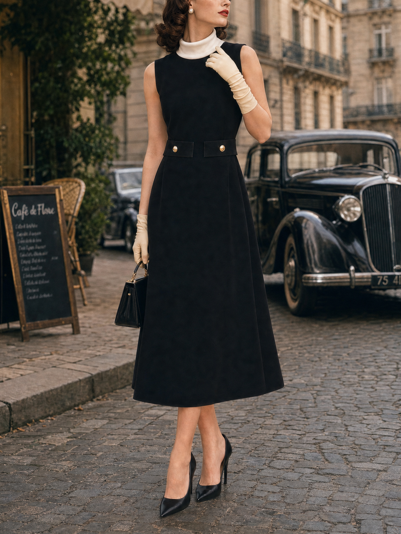 Vintage Lapel Waist-Tapered A-Line Midi Dress