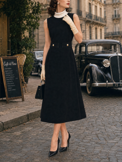 Vintage Lapel Waist-Tapered A-Line Midi Dress