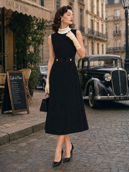 Vintage Lapel Waist-Tapered A-Line Midi Dress
