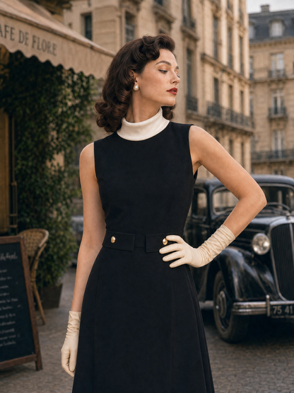 Vintage Lapel Waist-Tapered A-Line Midi Dress