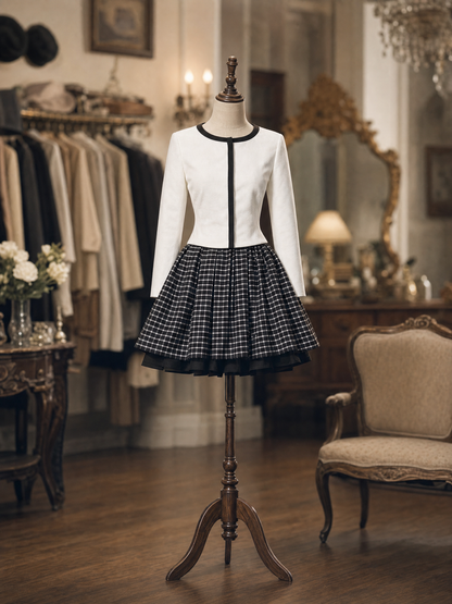 Vintage Contrast Trim White Jacket Top Gingham Mini Dress