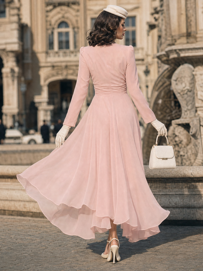 Vintage Pink Bow Ruched Chiffon High Low Midi Dress