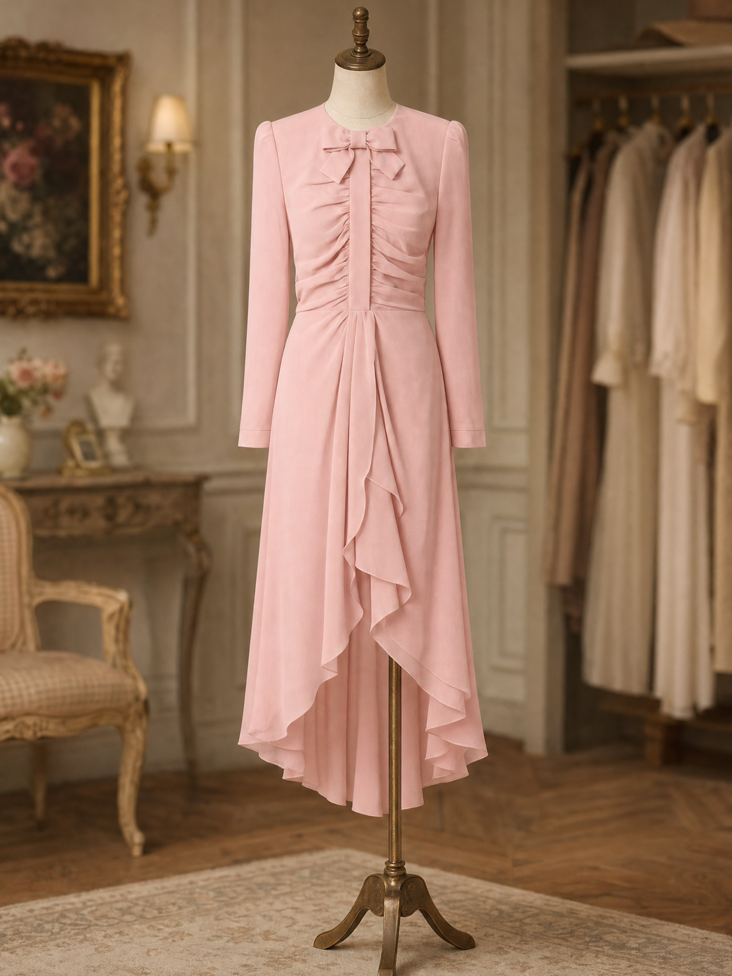 Vintage Pink Bow Ruched Chiffon High Low Midi Dress