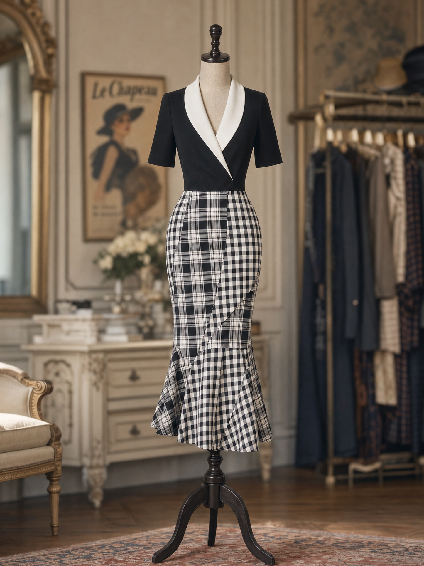 Vintage Contrast Lapel Black White Gingham Mermaid Midi Dress