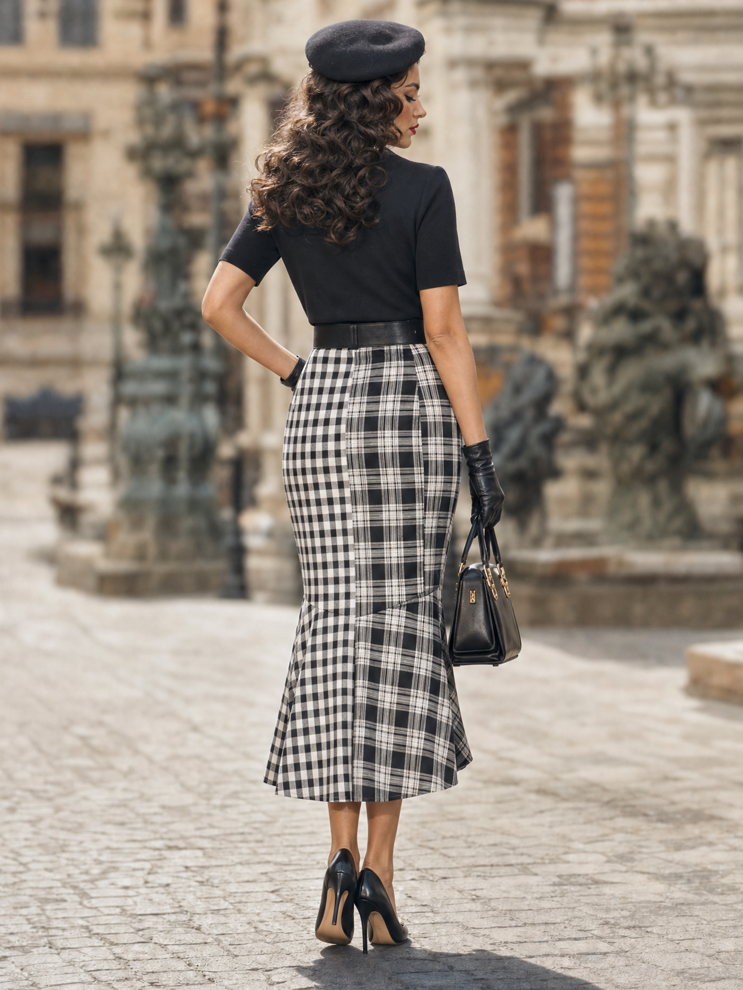 Vintage Contrast Lapel Black White Gingham Mermaid Midi Dress