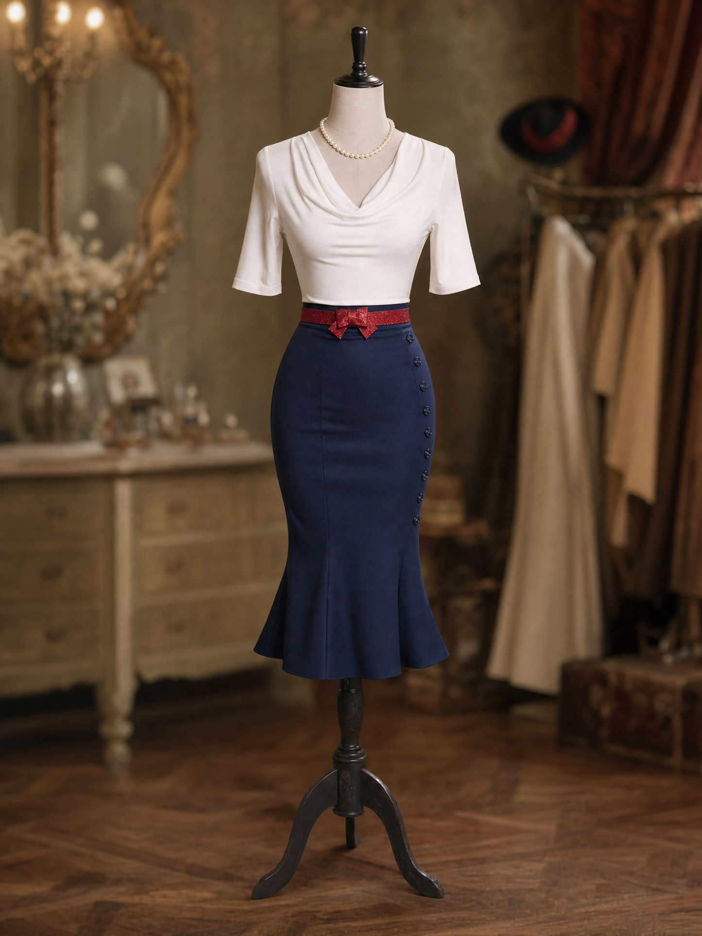 Vintage Cowl Neck Top Navy Mermaid Midi Dress