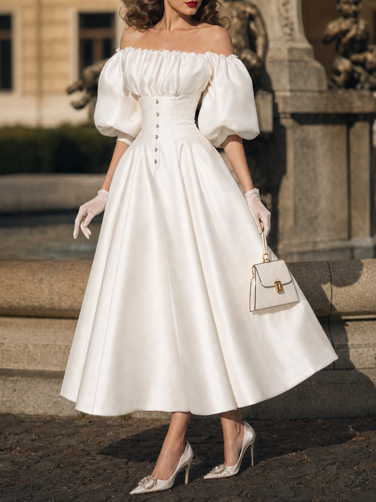 Vintage Off Shoulder Puff Sleeve Satin Midi Ballgown Dress