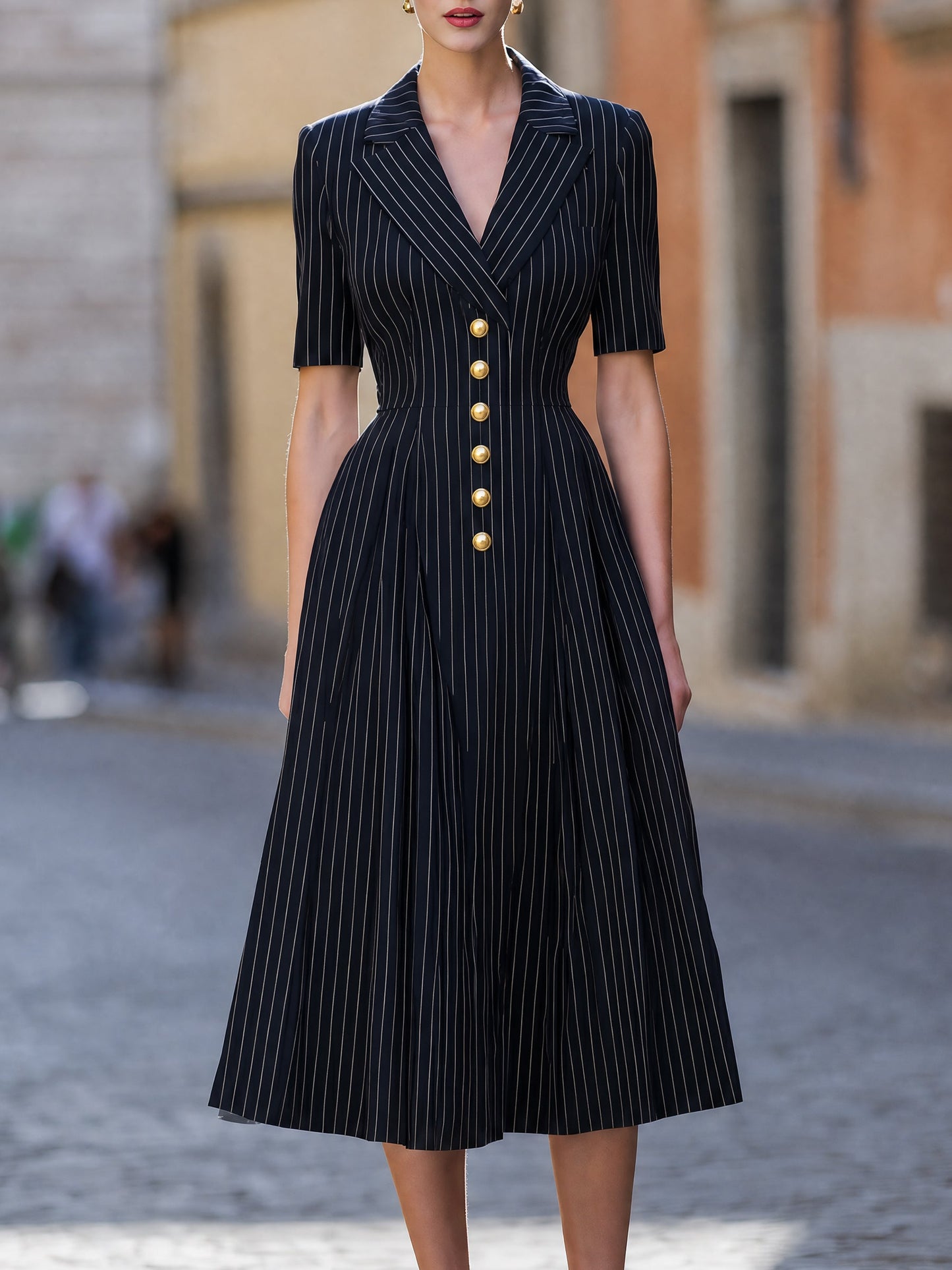 Pinstripe Lapel Button-Front Flare Midi Dress