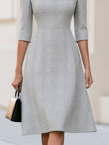 Office Notched Square Neck 3/4 Sleeve Grey Plaid Flared Midi Dress