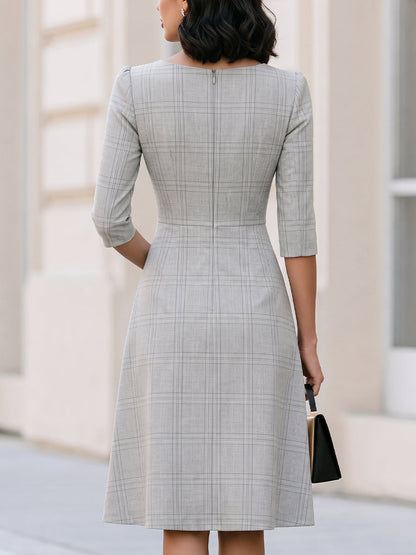 Office Notched Square Neck 3/4 Sleeve Grey Plaid Flared Midi Dress