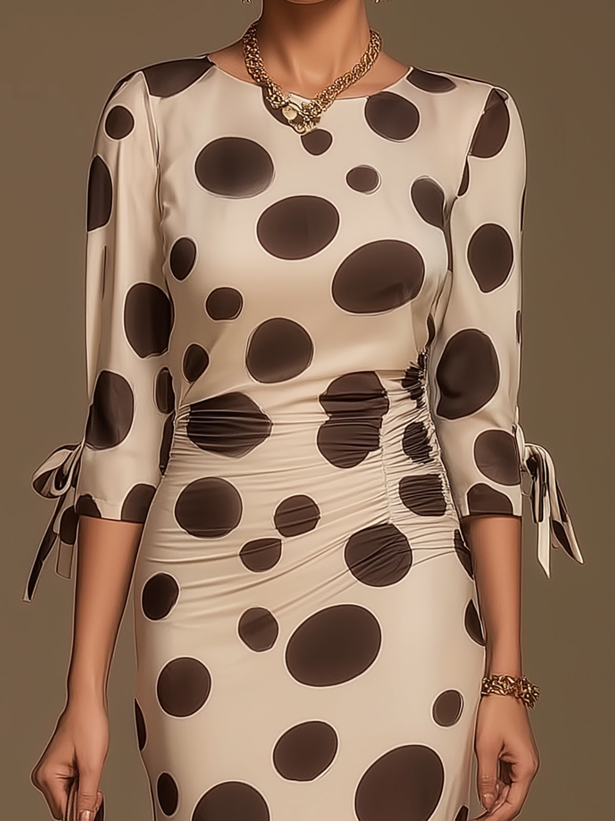 Elegant Brown Polka Dot Ruched Side Slit Midi Dress