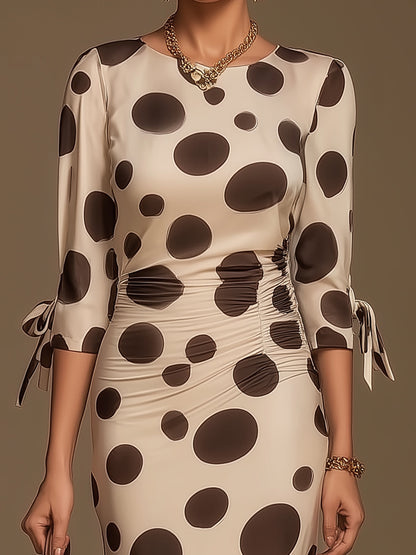 Elegant Brown Polka Dot Ruched Side Slit Midi Dress