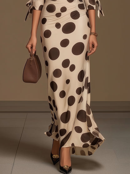 Elegant Brown Polka Dot Ruched Side Slit Midi Dress