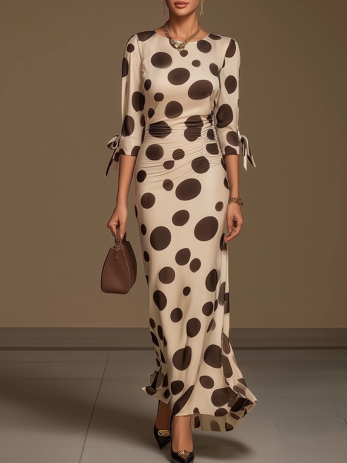 Elegant Brown Polka Dot Ruched Side Slit Midi Dress