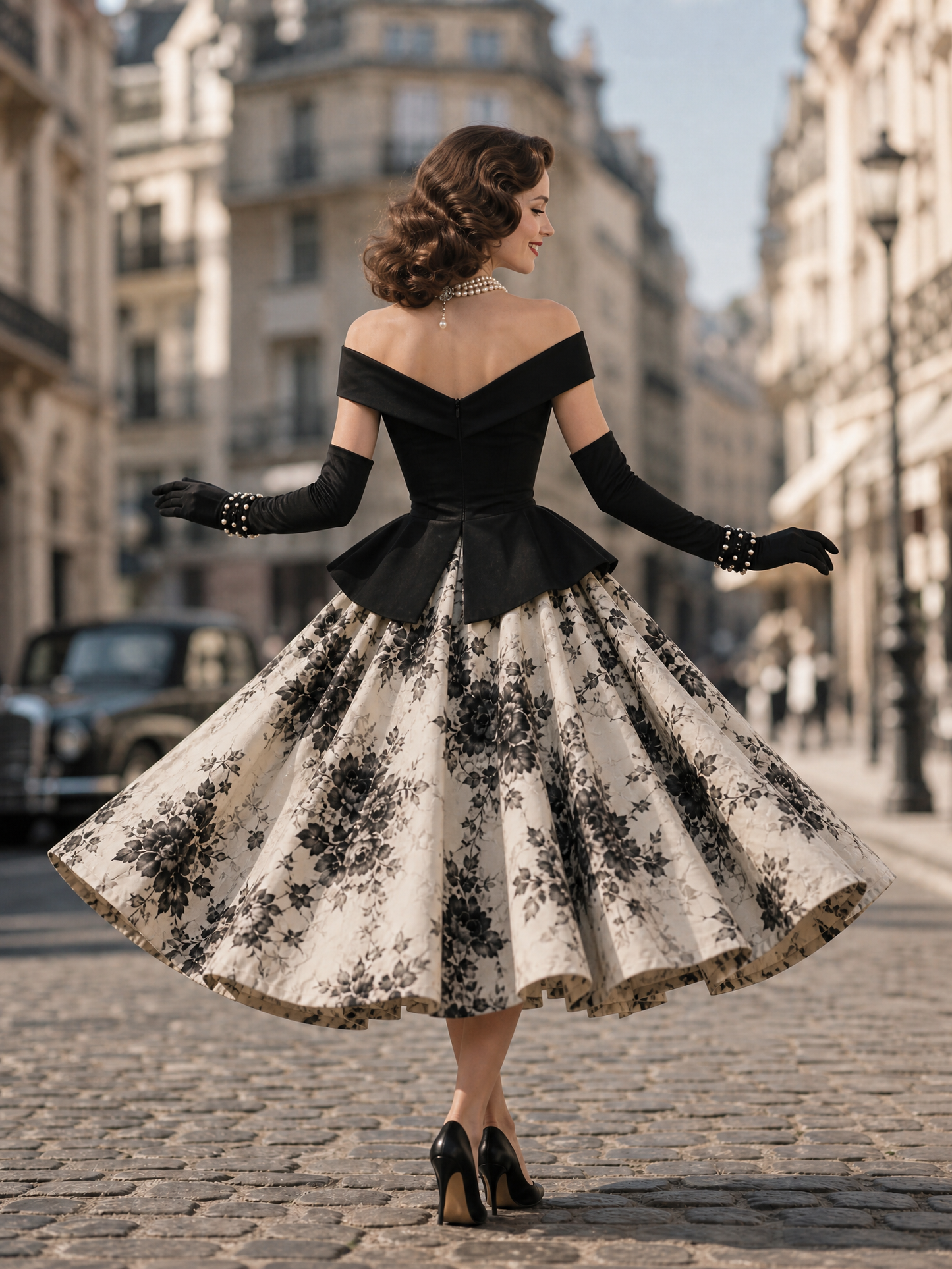 Vintage 1950s Off-Shoulder Floral Print Midi Party Dress