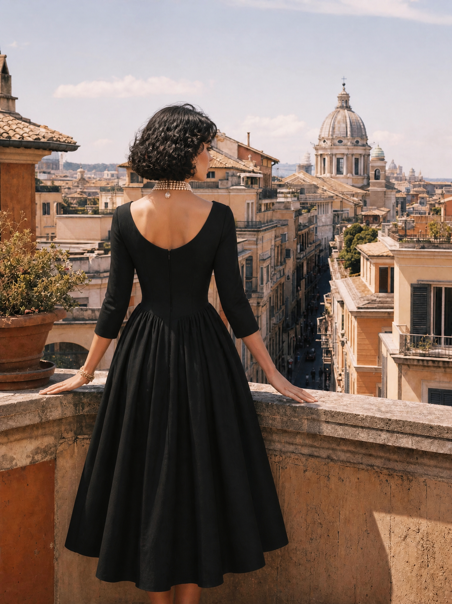 Vintage Audrey-Style Black Boat-Neck Fit-and-Flare Midi Dress