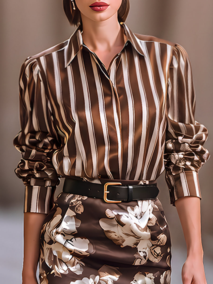 Stripe Satin Shirt & Floral Midi Pencil Skirt Two Piece Set