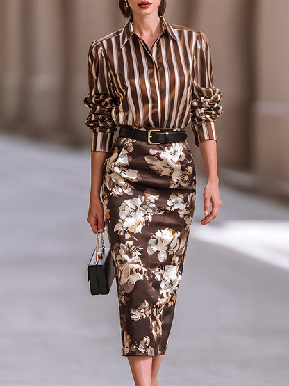Stripe Satin Shirt & Floral Midi Pencil Skirt Two Piece Set