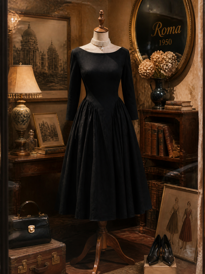 Vintage Audrey-Style Black Boat-Neck Fit-and-Flare Midi Dress