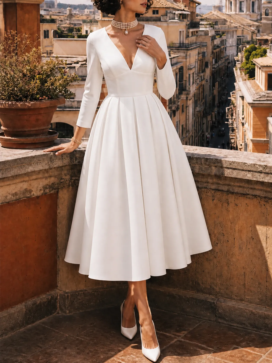 Classic White Deep V-Neck Fit-and-Flare Tea-Length Midi Dress