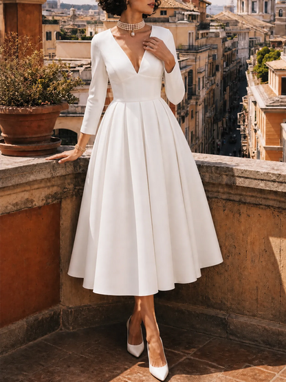 Classic White Deep V-Neck Fit-and-Flare Tea-Length Midi Dress