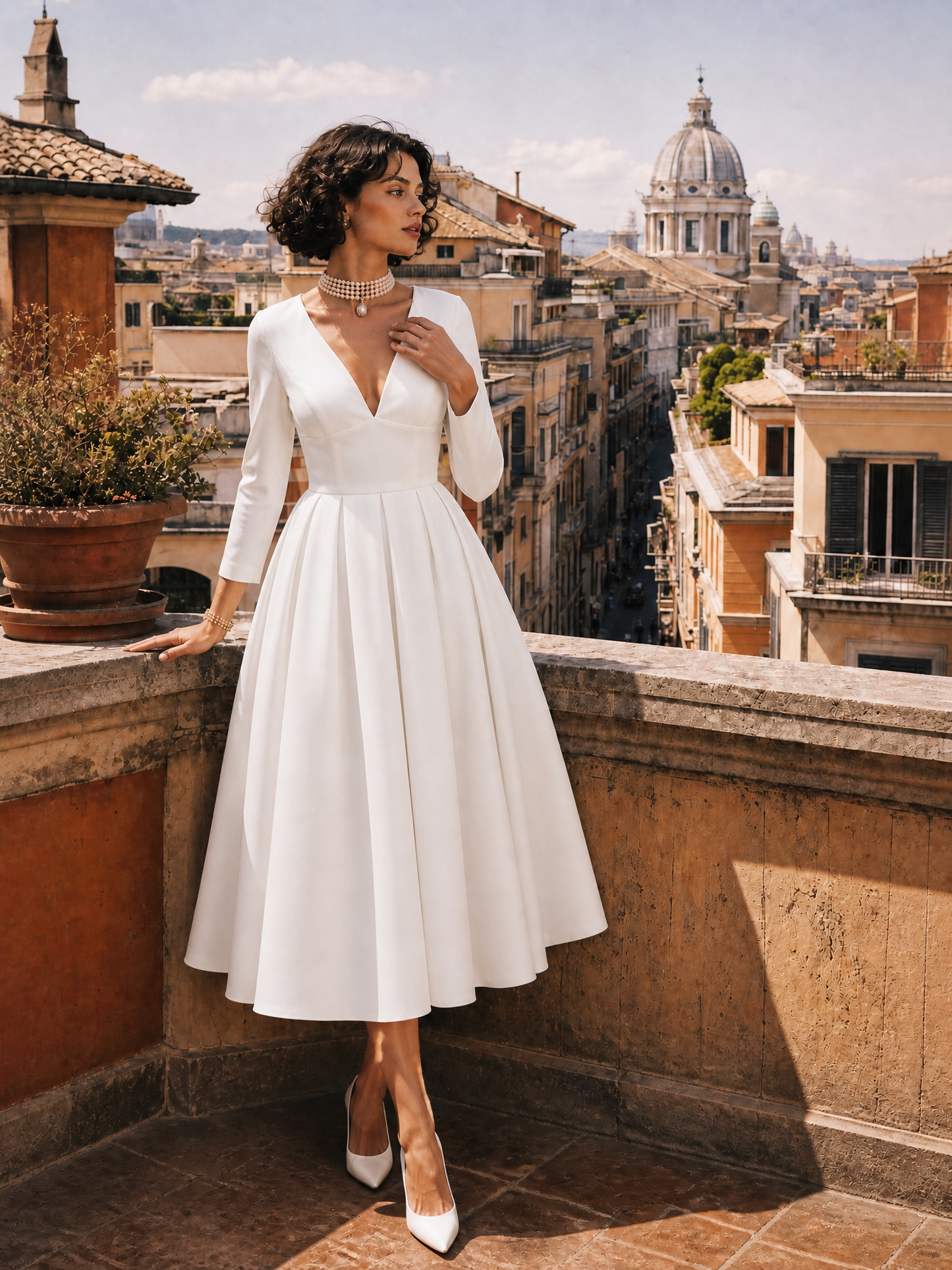 Classic White Deep V-Neck Fit-and-Flare Tea-Length Midi Dress