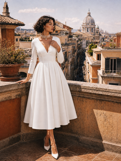 Classic White Deep V-Neck Fit-and-Flare Tea-Length Midi Dress