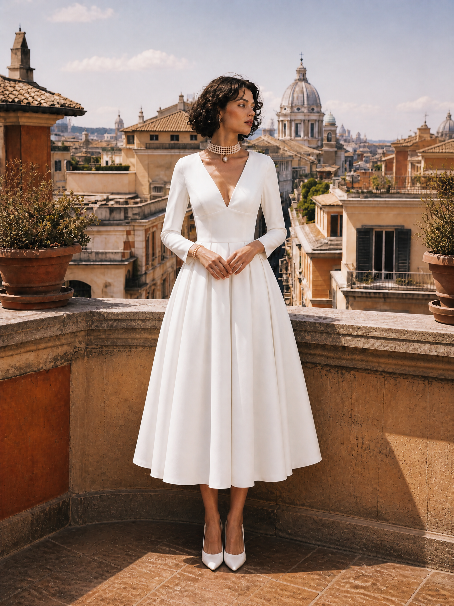 Classic White Deep V-Neck Fit-and-Flare Tea-Length Midi Dress