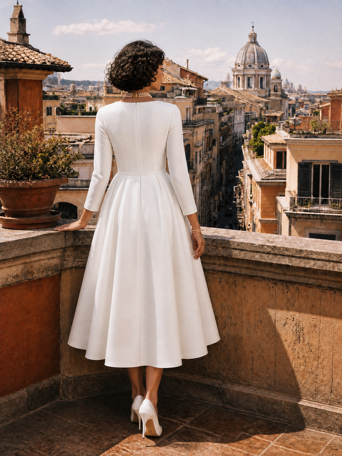 Classic White Deep V-Neck Fit-and-Flare Tea-Length Midi Dress