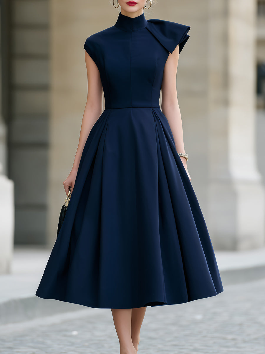 Asymmetric Cape-Sleeve Flare Midi Dress