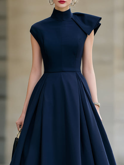 Asymmetric Cape-Sleeve Flare Midi Dress