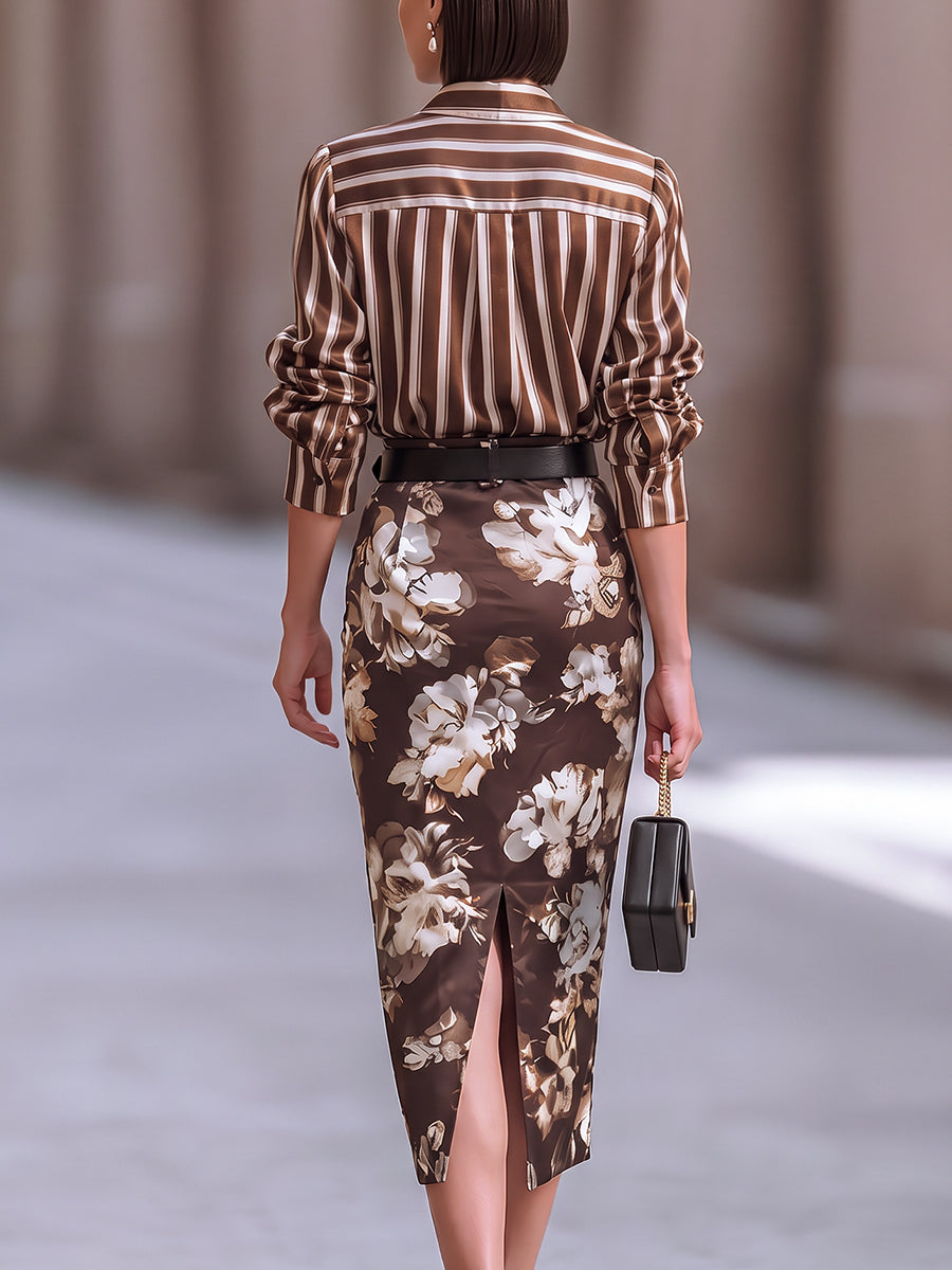 Stripe Satin Shirt & Floral Midi Pencil Skirt Two Piece Set