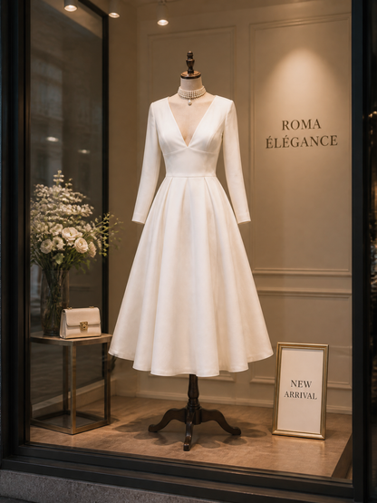 Classic White Deep V-Neck Fit-and-Flare Tea-Length Midi Dress