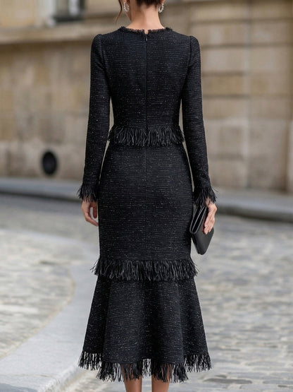 Elegant Tweed Fringe Mermaid Midi Dress