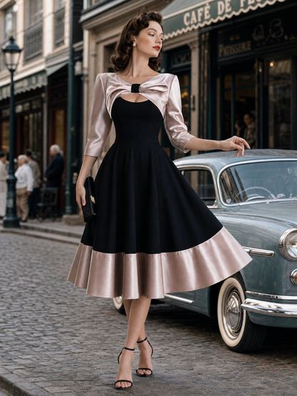 Vintage Satin Bow Spliced Midi Dress
